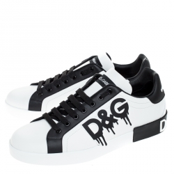 Pre Owned Dolce and Gabbana Black/White Leather Logo Detail Low Top Sneakers Size 40