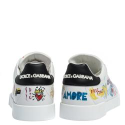 Pre Owned Dolce & Gabbana White Leather Dubai Graffiti Print Low-Top Sneakers Size 39