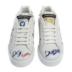 Pre Owned Dolce & Gabbana White Leather Dubai Graffiti Print Low-Top Sneakers Size 39