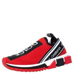 Dolce & Gabbana Red Stretch Jersey Logo Print Slip On Sneakers Size 42