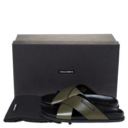 Pre Owned Dolce & Gabbana Green Leather Criss-Cross Slide Sandals Size 42