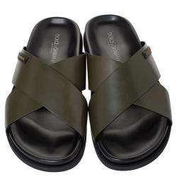 Dolce & Gabbana Green Leather Criss-Cross Slide Sandals Size 44