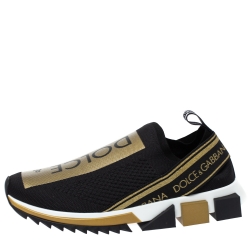 Pre Owned Dolce & Gabbana Black/Gold Stretch Fabric Jersey Sorrento Logo Print Slip On Sneakers Size 41.5