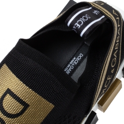 Pre Owned Dolce & Gabbana Black/Gold Stretch Fabric Jersey Sorrento Logo Print Slip On Sneakers Size 41.5