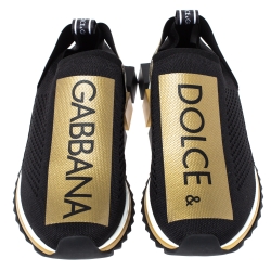 Pre Owned Dolce & Gabbana Black/Gold Stretch Fabric Jersey Sorrento Logo Print Slip On Sneakers Size 41.5
