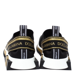 Pre Owned Dolce & Gabbana Black/Gold Stretch Fabric Jersey Sorrento Logo Print Slip On Sneakers Size 41.5