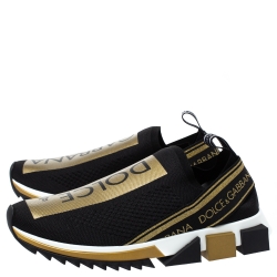 Pre Owned Dolce & Gabbana Black/Gold Stretch Fabric Jersey Sorrento Logo Print Slip On Sneakers Size 41.5