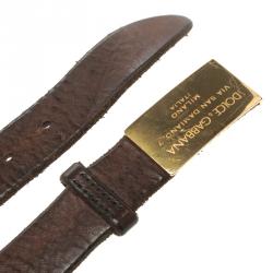 مملوكة مسبقًا Dolce and Gabbana Dark Brown Leather Plaque Buckle Belt 90 CM