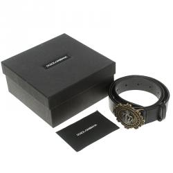 مملوكة مسبقًا Dolce and Gabbana Black Leather Crown Buckle Belt 85 CM