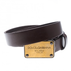 Pre Owned Dolce and Gabbana Brown Leather Logo Plaque Belt 100cm