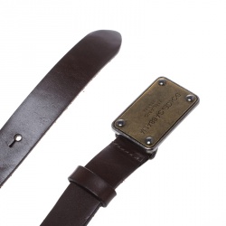 Pre Owned Dolce and Gabbana Brown Leather Logo Plaque Belt 100cm