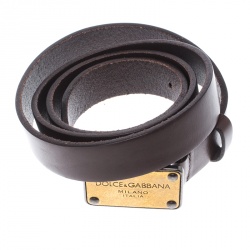 Pre Owned Dolce and Gabbana Brown Leather Logo Plaque Belt 100cm