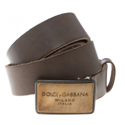 Pre Owned Dolce & Gabbana Beige Leather Logo Plaque Belt 100cm