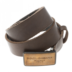 Pre Owned Dolce & Gabbana Beige Leather Logo Plaque Belt 100cm