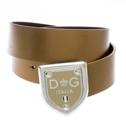 Pre Owned Dolce and Gabbana Gold Leather Buckle Belt 100 CM