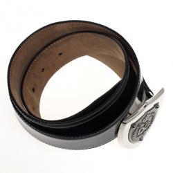 Pre Owned Dolce and Gabbana Black Patent Shield Buckle Belt 95 CM