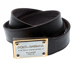 Pre Owned Dolce and Gabbana Dark Brown Leather Logo Buckle Belt 105 CM