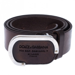 مملوكة مسبقًا Dolce & Gabanna Metallic Brown Leather Oval Logo Buckle Belt 90CM