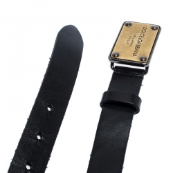 Pre Owned Dolce & Gabbana Black Leather Logo Plaque Belt 85CM