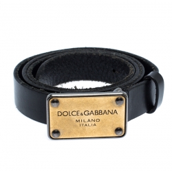 Pre Owned Dolce & Gabbana Black Leather Logo Plaque Belt 85CM