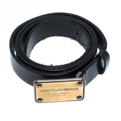 Pre Owned Dolce & Gabbana Black Leather Logo Plaque Belt 85CM