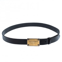 Pre Owned Dolce & Gabbana Black Leather Logo Plaque Belt 85CM