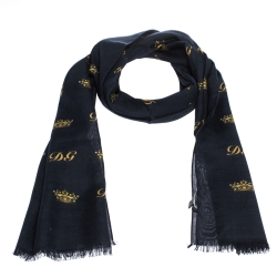 Dolce & Gabbana Navy Blue Crown Print Silk & Wool Scarf
