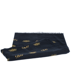 Dolce & Gabbana Navy Blue Crown Print Silk & Wool Scarf