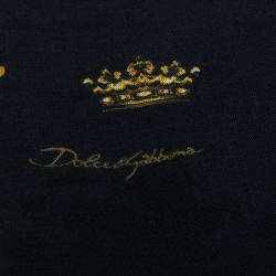 Dolce & Gabbana Navy Blue Crown Print Silk & Wool Scarf