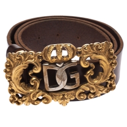 Pre Owned Dolce & Gabbana Brown Leather DG Logo Buckle Belt 90CM