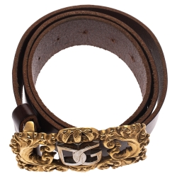 Pre Owned Dolce & Gabbana Brown Leather DG Logo Buckle Belt 90CM