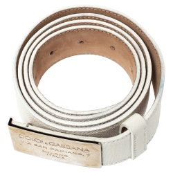 Pre Owned Dolce & Gabbana White Grained Leather Logo Plaque Belt 100CM
