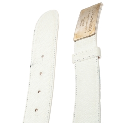 Pre Owned Dolce & Gabbana White Grained Leather Logo Plaque Belt 100CM