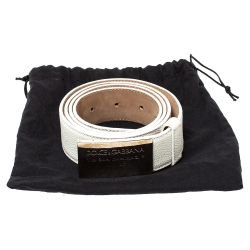 Pre Owned Dolce & Gabbana White Grained Leather Logo Plaque Belt 100CM