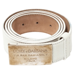 Pre Owned Dolce & Gabbana White Grained Leather Logo Plaque Belt 100CM