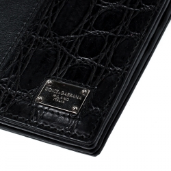 Pre Owned Dolce & Gabbana Black Leather and Croc Bifold Wallet