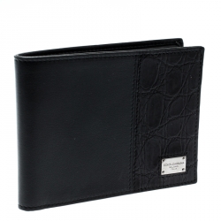 Pre Owned Dolce & Gabbana Black Leather and Croc Bifold Wallet