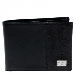 Pre Owned Dolce & Gabbana Black Leather and Croc Bifold Wallet