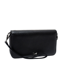Dolce & Gabbana Black Saffiano Leather Double Zip Wrist Clutch