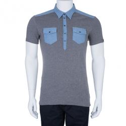 Pre Owned Dolce and Gabbana Men’s Grey Light Denim Contrast Collar Polo Shirt XL