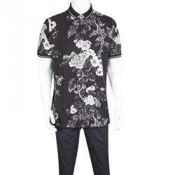 Pre Owned Dolce and Gabbana Black Floral Print Cotton Pique Polo T-Shirt XXL