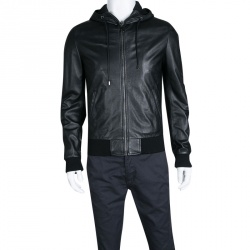 Pre Owned Dolce and Gabbana Black Lamb Leather Hooded Zip Front Bomber Jacket M