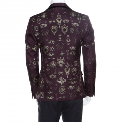 Pre Owned Dolce and Gabbana Burgundy Key and Axe Printed Silk Velvet Trim Jacket S