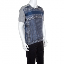 مملوكة مسبقًا Dolce and Gabbana Grey and Blue Paisley Printed Silk Detail T- Shirt L