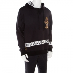 Pre Owned Dolce and Gabbana Navy Blue Logo Printed Cotton Embellished Hoodie XL