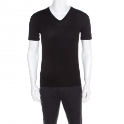 مملوكة مسبقًا Dolce and Gabbana Black Cotton Stretch Knit V Neck T -Shirt XS