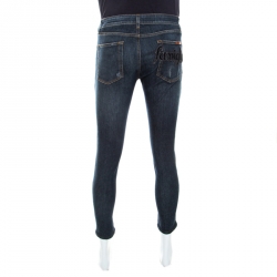 Pre Owned بنطلون جينز دولشي أند غابانا نمط باهت مزين ممزق ضيق دنيم مرن أزرق داكن S