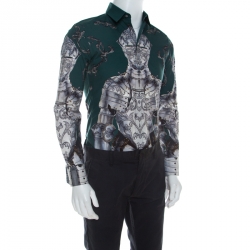 مملوكة مسبقًا قميص دولتشي آند غابانا قطن سينتري أخضر مطبوع بأكمام طويلة S