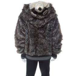 Pre Owned Dolce and Gabbana Grey Faux Fur Wolf Hood Bomber Jacket XXL