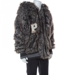 Pre Owned Dolce and Gabbana Grey Faux Fur Wolf Hood Bomber Jacket XXL